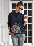 momentlover Casual High-Low Loose Printed Stand Collar Blouses&Shirts Tops