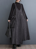 Momentlover Solid Color Pockets Buttoned Asymmetric Adjustable Sleeveless Loose Spaghetti-Neck Midi Dresses
