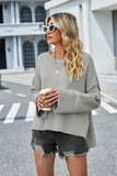 Momentlover High-Low Slit Round Neck Long Sleeve Sweater