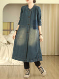 Momentlover Pockets Buttoned Loose Long Sleeves Round-Neck Outerwear Midi Dresses