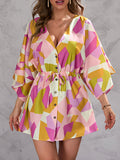 Momentlover Printed Drawstring Buttoned Loose Half Sleeves V-Neck Mini Dresses