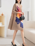 Momentlover Casual Long Sleeves Loose Contrast Color Printed Pleated Beaded Stand Collar Mini Dresses