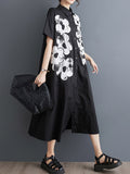 Momentlover Flower Print Buttoned Asymmetric Short Sleeves Loose Lapel Shirt Dress Midi Dresses