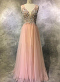lemongor Pink Tulle Gorgeous V Back Long Party Dress , Pink Formal Dresses, Evening Dresses