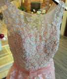 lemongor Pink Sleeves O Back with Applique, Cute Tulle Long Prom Dress, Junior Party Dresses