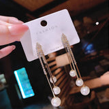 S925 silver needle diamond chain pearl tassel earrings