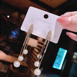 S925 silver needle diamond chain pearl tassel earrings