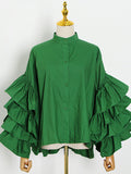 Momentlover Solid Color Ruffled Layered Buttoned Loose Long Sleeves Mock Neck Blouses&Shirts Tops