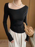 Momentlover Solid Color Skinny Long Sleeves Asymmetric Collar T-Shirts Tops