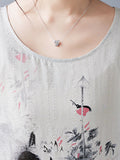Momentlover Split-Joint Printed Pleated Short Sleeves Loose Round-neck Midi Dresses