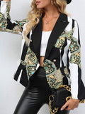 Momentlover Printed Pockets Buttoned Loose Long Sleeves Notched Collar Outerwear Blazer