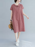 Momentlover Artistic Retro Loose Plaid Buttoned Lapel Collar Midi Dress