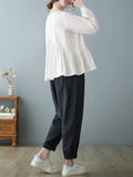 Momentlover Casual Loose Long Sleeves Solid Color Round-Neck T-Shirts Tops