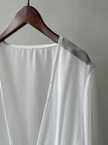 Momentlover Bishop Sleeve Long Sleeves See-Through Split-Joint Tied Collarless Blouses&Shirts Tops