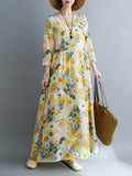 Momentlover Split-Joint Flower Print Loose Long Sleeves Round-Neck Midi Dresses