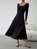Momentlover Tied Waist Solid Color Skinny Long Sleeves U-Neck Midi Dresses