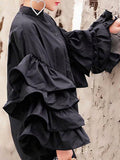 Momentlover Solid Color Ruffled Layered Buttoned Loose Long Sleeves Mock Neck Blouses&Shirts Tops