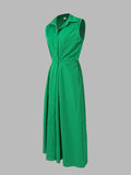 momentlover Sleeveless Solid Color Lapel Midi Dresses