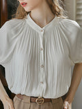 Momentlover Pleated Buttoned Short Sleeves Puff Sleeves Round-neck Blouses&shirts Tops