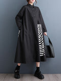Momentlover Striped Buttoned Asymmetric Loose Long Sleeves Lapel Midi Dresses