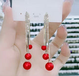 S925 silver needle diamond chain pearl tassel earrings