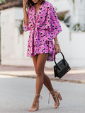 Momentlover Printed Leopard Elasticity Double Layered Three-Quarter Sleeves Loose V-Neck Mini Dresses