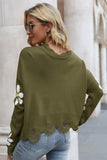 Momentlover Flower Distressed Ribbed Trim Sweater