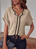 Momentlover Striped Short Sleeves Loose V-Neck Blouses&Shirts Tops