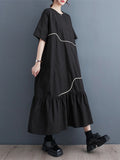 Momentlover Split-Joint Pleated Short Sleeves Loose Round-Neck Midi Dresses