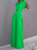 momentlover Urban Cap Sleeve Solid Color Wide Leg Jumpsuits