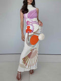 Momentlover Split-Back Flower Print Sleeveless High Waisted Mock Neck Maxi Dresses