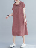 Momentlover Artistic Retro Loose Plaid Buttoned Lapel Collar Midi Dress