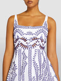 Momentlover Printed Hollow Elasticity Buttoned Sleeveless Loose Spaghetti-Neck Mini Dresses