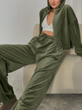 Momentlover Solid Color Hooded Long Sleeves Velvet Zipper Sweatshirt Top + Drawstring Elasticity Pockets Pants Bottom Two Pieces Set