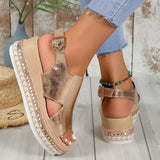 themeisles - Gold Casual Hollowed Out Patchwork Fish Mouth Out Door Wedges Shoes (Heel Height 1.97in)