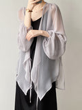 Momentlover Bishop Sleeve Long Sleeves See-Through Split-Joint Tied Collarless Blouses&Shirts Tops