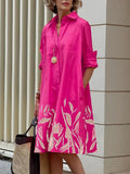 Momentlover Long Sleeves Leaves Print Lapel Midi Dresses