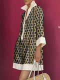 Momentlover Long Sleeves Loose Printed Split-Joint Lapel Mini Dresses Shirt Dress