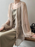Momentlover Bishop Sleeve Long Sleeves See-Through Split-Joint Tied Collarless Blouses&Shirts Tops