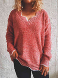 Momentlover Notched Dropped Shoulder Long Sleeve Sweater