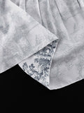 Momentlover Tied Waist Split-Joint Printed Pleated Puff Sleeves Loose Stand Collar Mini Dresses