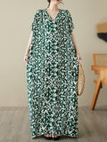 Momentlover Floral Printed Short Sleeves Loose V-Neck Maxi Dresses