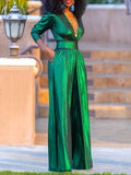 Momentlover High Waisted Three-Quarter Sleeves Shiny Solid Color Deep V-Neck Jumpsuits Bottoms