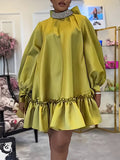 Momentlover A-Line Long Sleeves Bowknot Pleated Rhine Stones Ruffled Solid Color Mock Neck Mini Dresses
