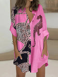 Momentlover Long Sleeves Loose Animal Printed Buttoned Leopard Lapel Mini Dresses Shirt Dress