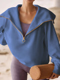 Momentlover Zipper Solid Color Loose Long Sleeves V-Neck Sweatshirt Tops