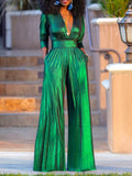 Momentlover High Waisted Three-Quarter Sleeves Shiny Solid Color Deep V-Neck Jumpsuits Bottoms
