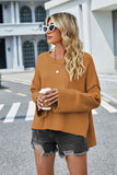 Momentlover High-Low Slit Round Neck Long Sleeve Sweater