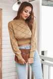 Momentlover Openwork Plaid Round Neck Cropped Sweater