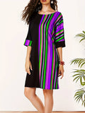 Momentlover Striped Contrast Color Asymmetric Plus Size Loose Round-neck Mini Dresses